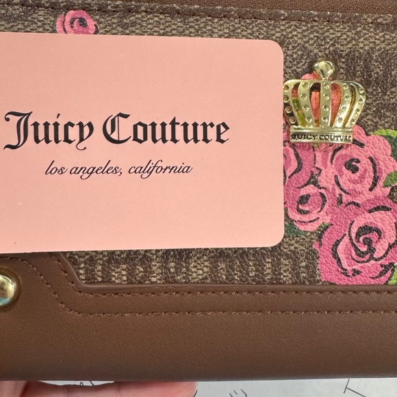 🌷Juicy Couture Zip Around Wallet/Cardholder/Pink Floral/Crown/Brown - Picture 2 of 16